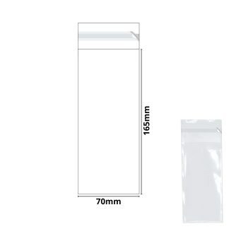 70mm x 165mm + 30mm Flap - Cellophane Clear Display Bags 30 Micron Self Seal - Small Cello