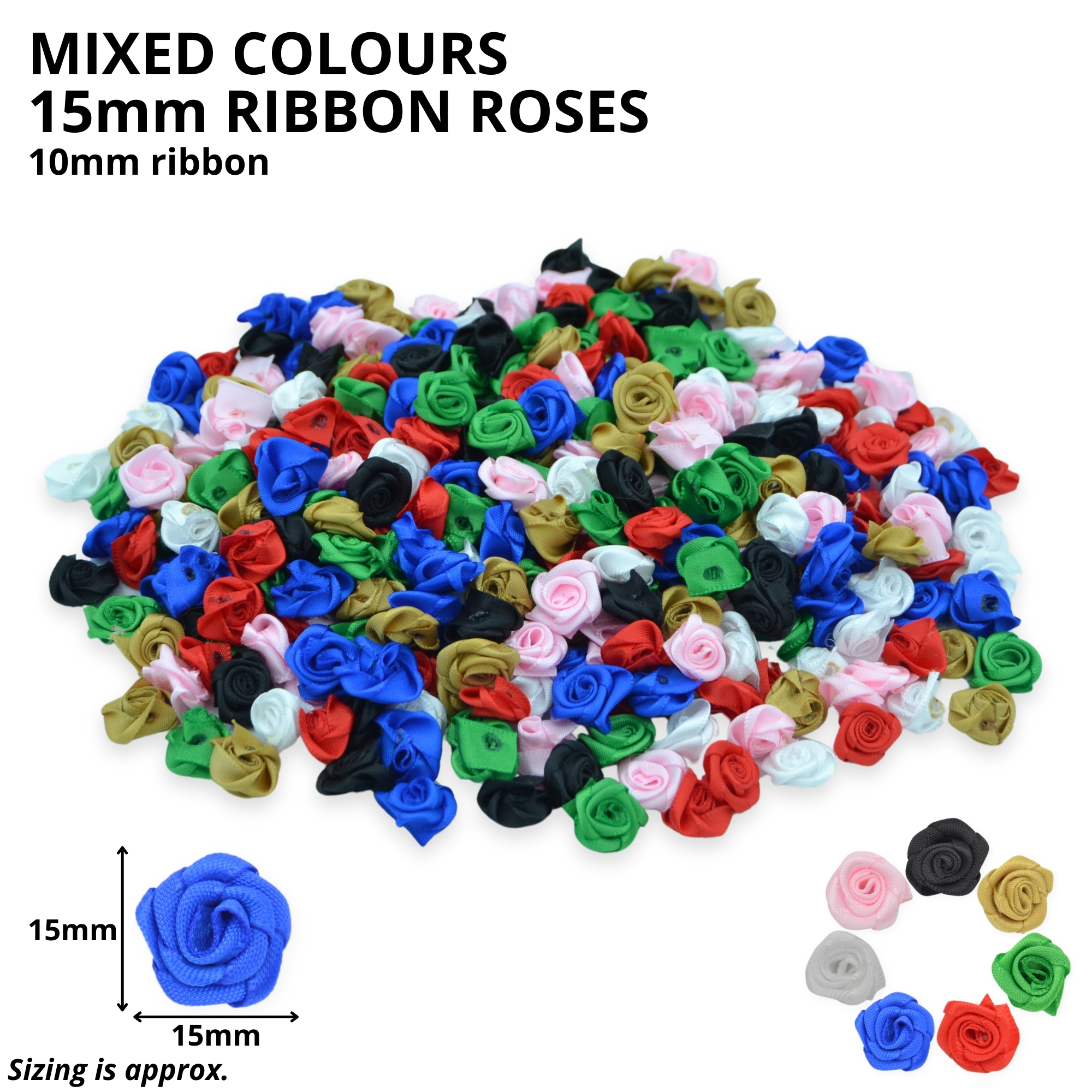 15mm Mixed Colours Ribbon Roses - Image 2