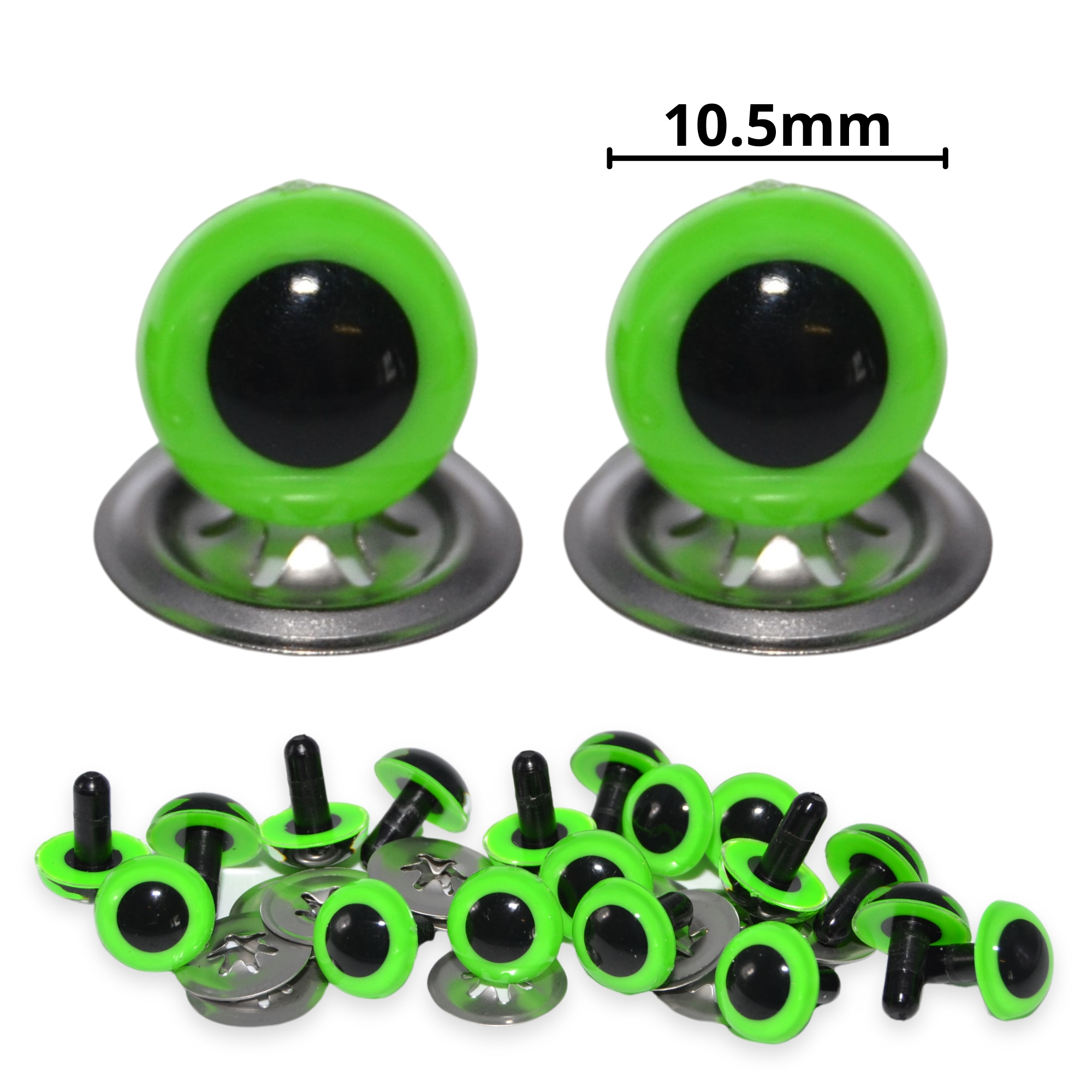10.5mm Bright Green Eyes with Metal Backs