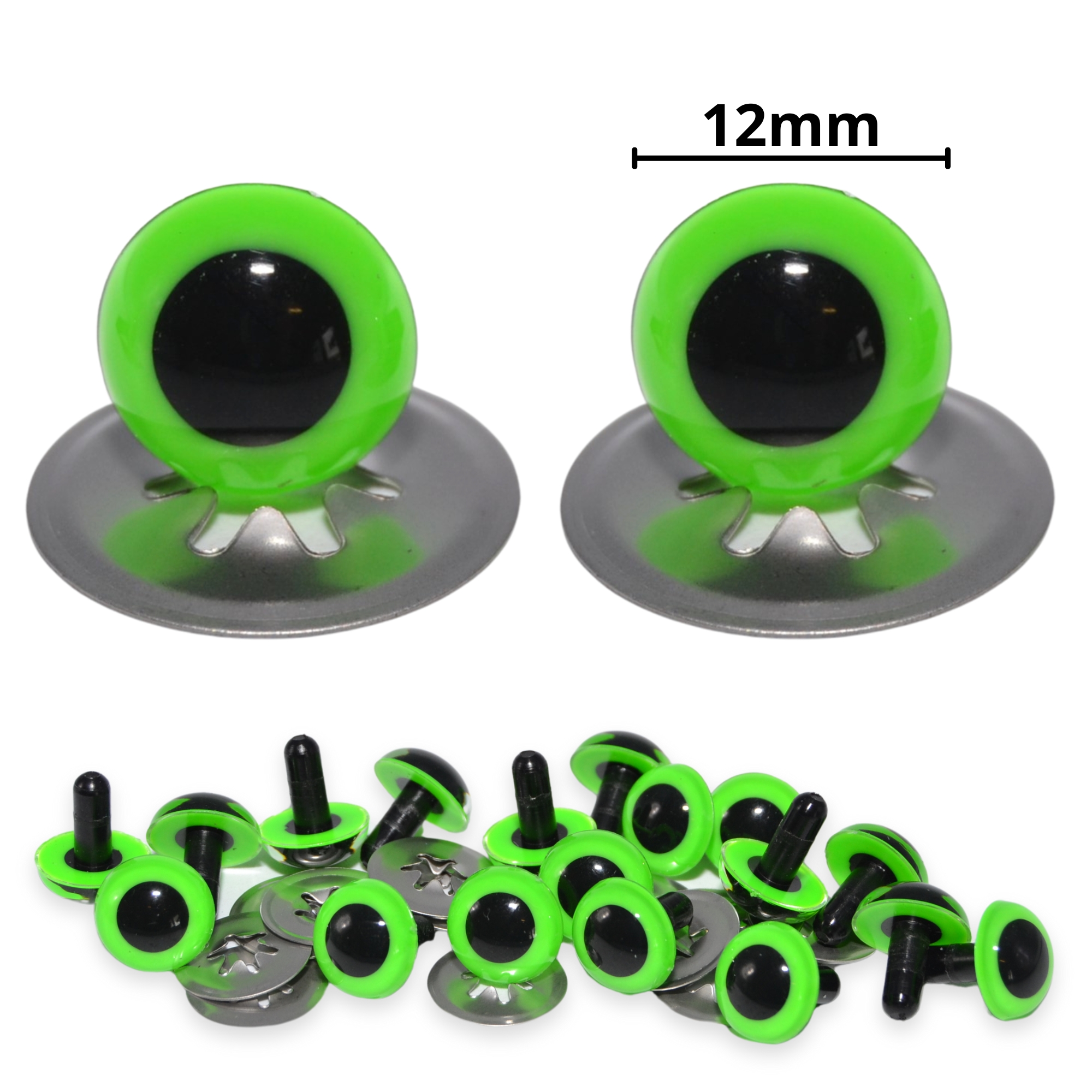 12mm Bright Green Eyes with Metal Backs