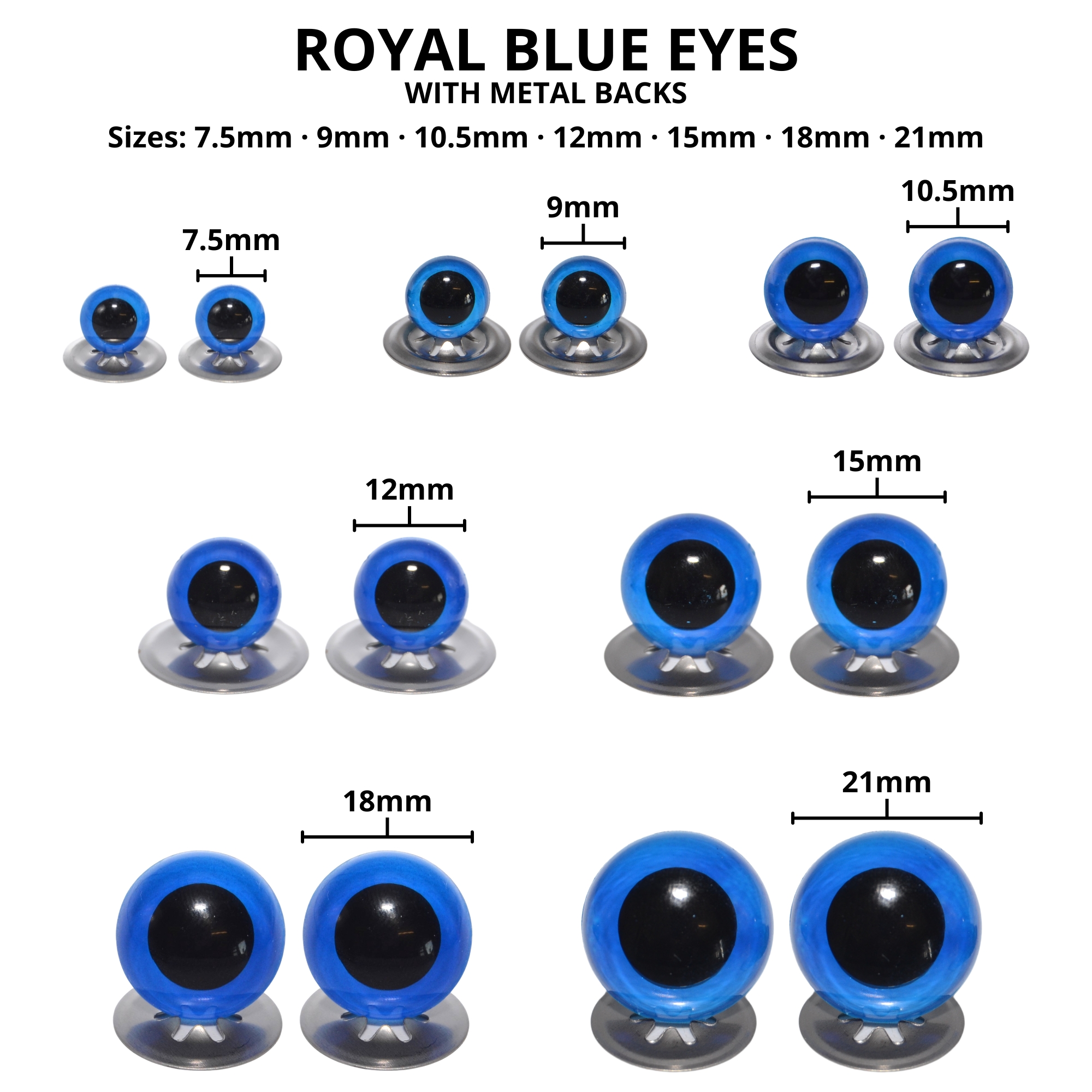 12mm Royal Blue Eyes with Metal Backs - Image 3