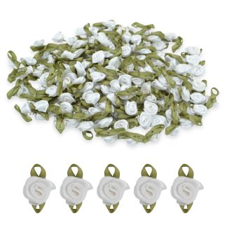 White #01 with Green Leaves 15mm Satin Ribbon Roses