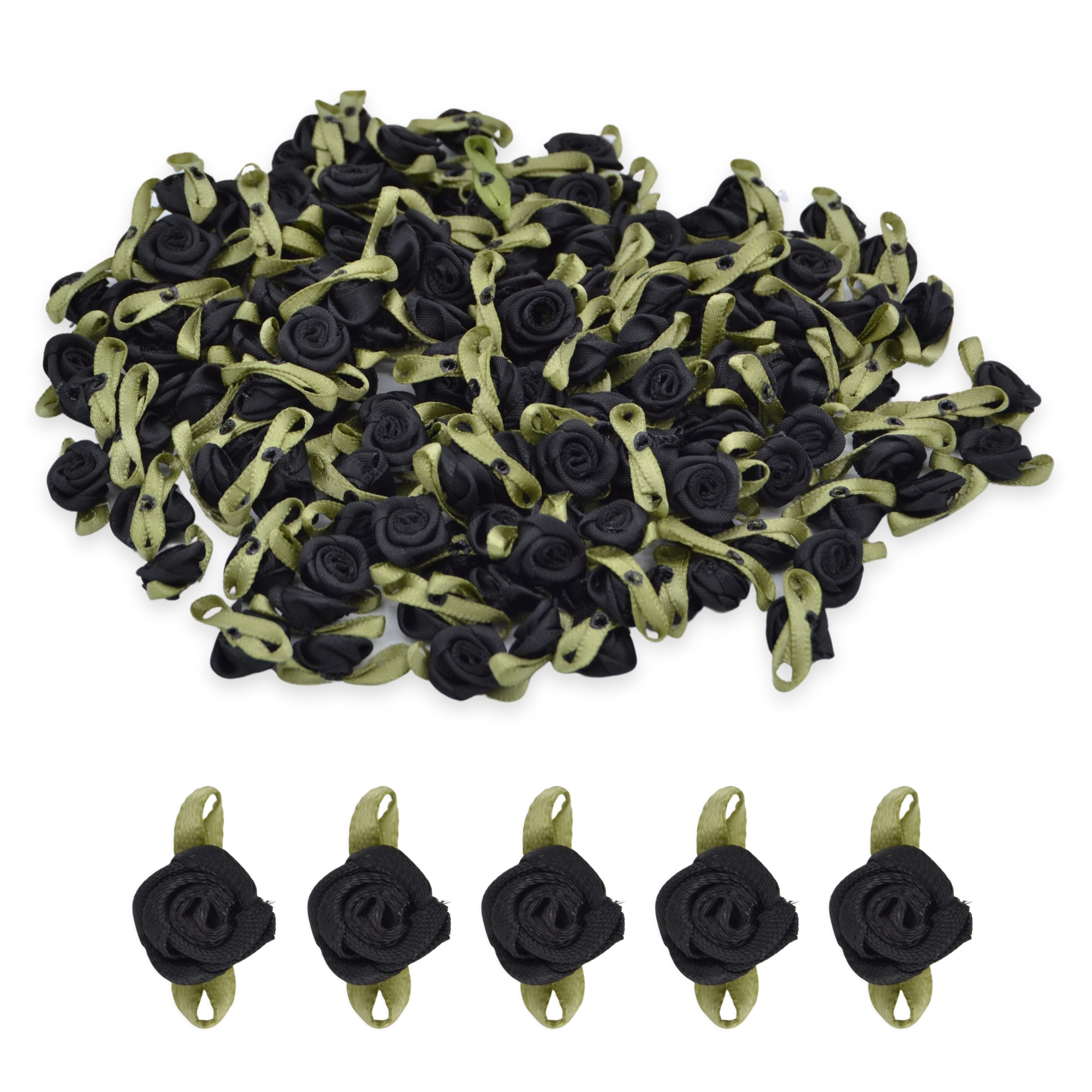 Black #02 with Green Leaves 15mm Satin Ribbon Roses