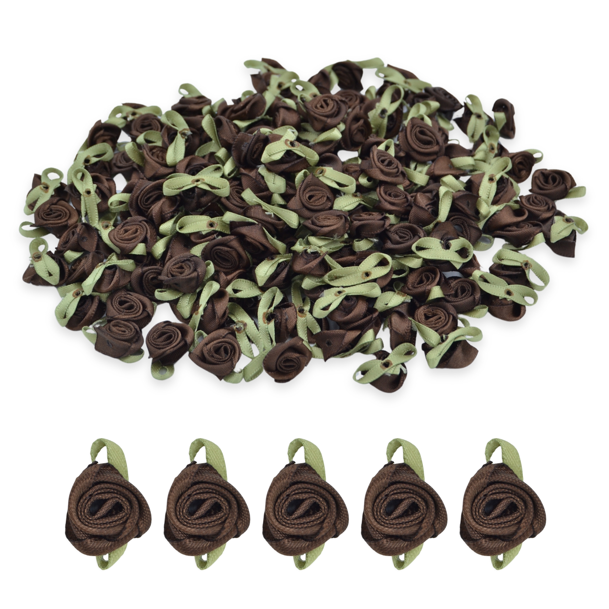 Dark Brown #03 with Green Leaves 15mm Satin Ribbon Roses