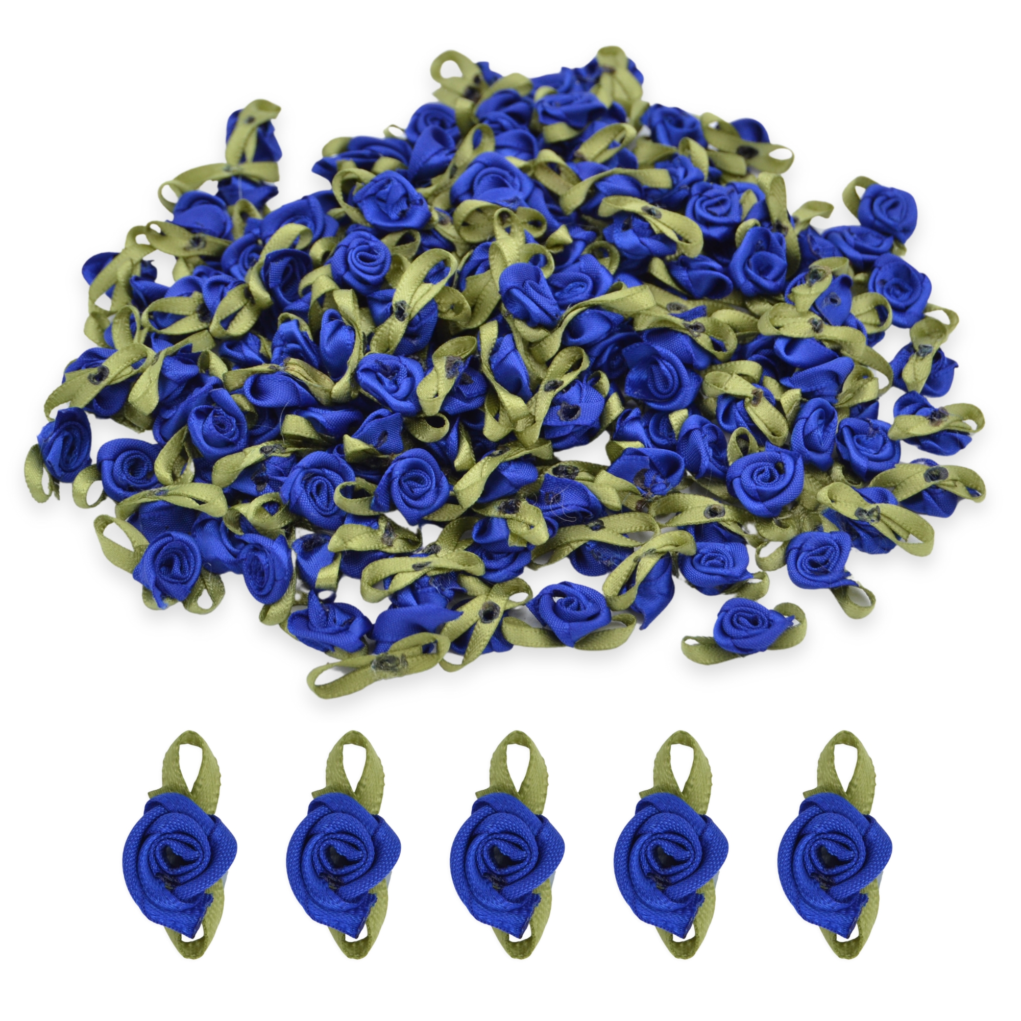 Dark Blue #04 with Green Leaves 15mm Satin Ribbon Roses