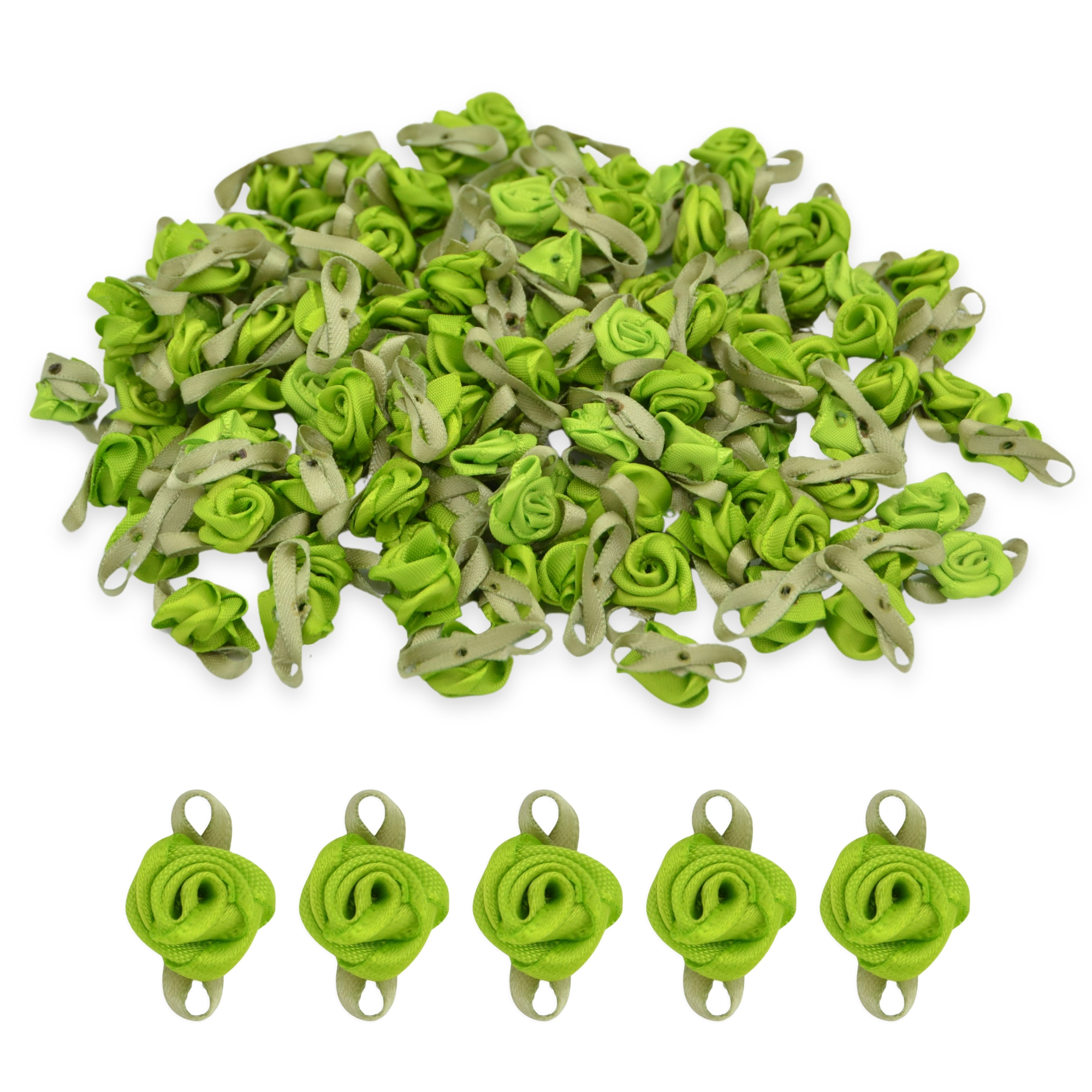 Spring Green #05 with Green Leaves 15mm Satin Ribbon Roses