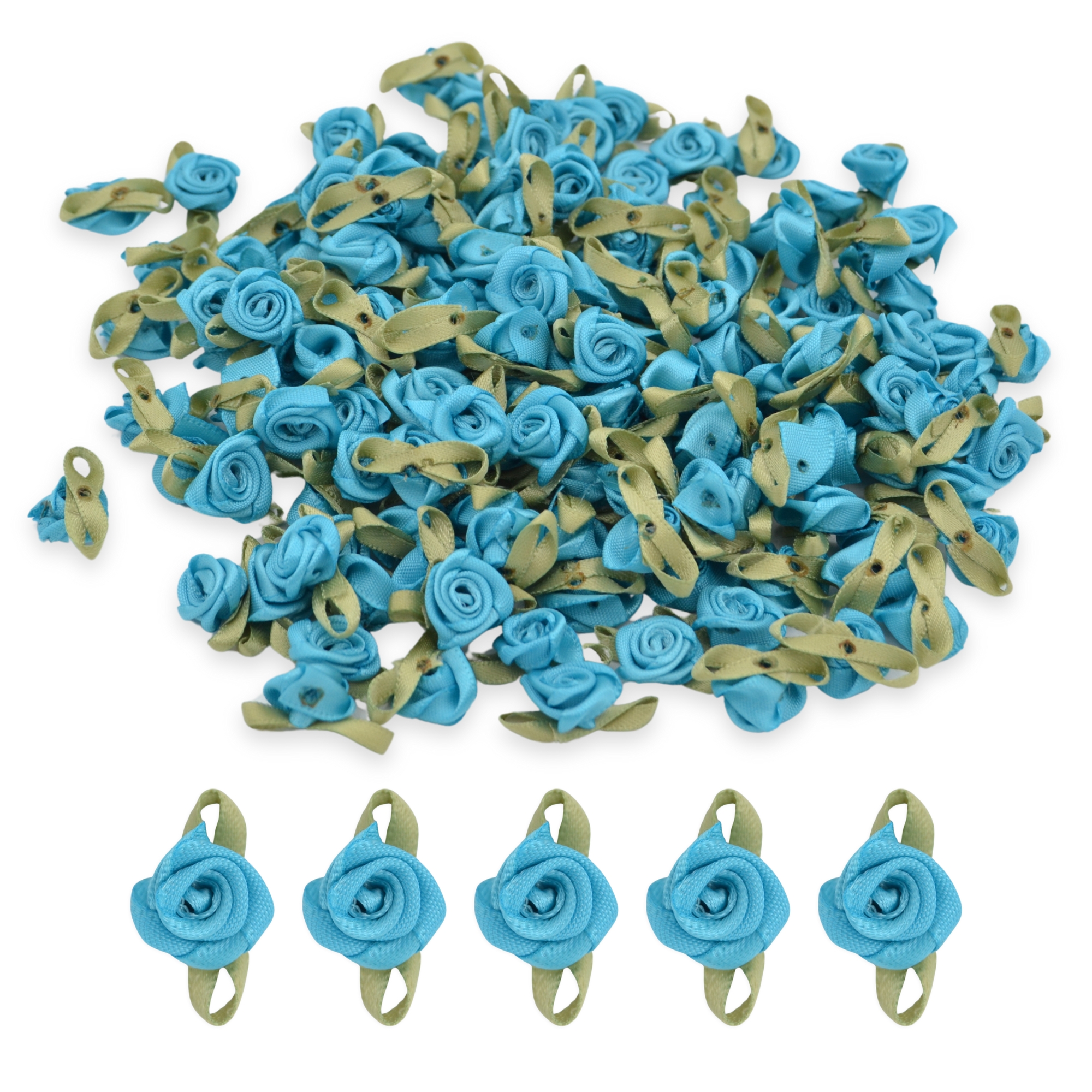 Teal #06 with Green Leaves 15mm Satin Ribbon Roses