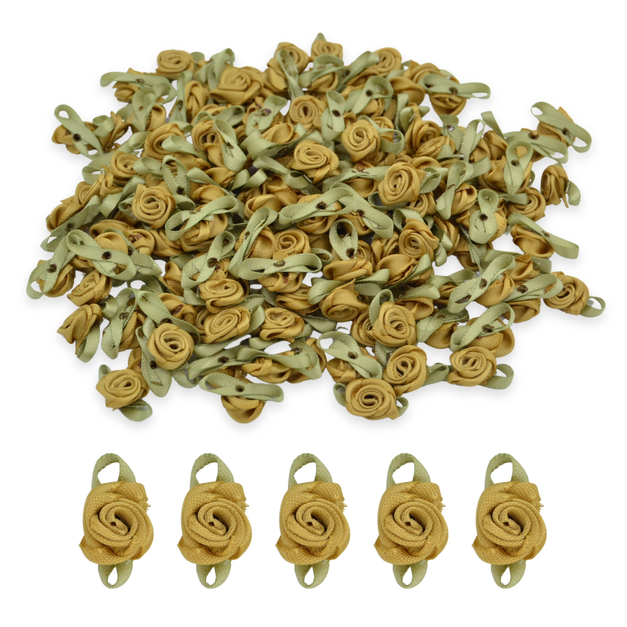 Latte #07 with Green Leaves 15mm Satin Ribbon Roses