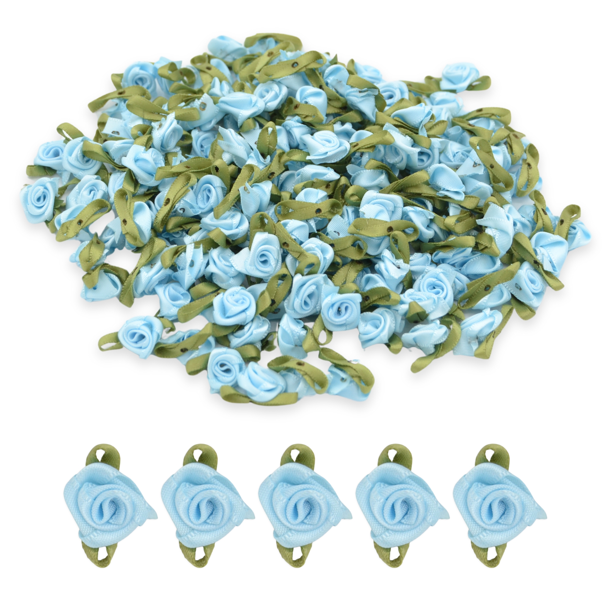 Sky Blue #08 with Green Leaves 15mm Satin Ribbon Roses