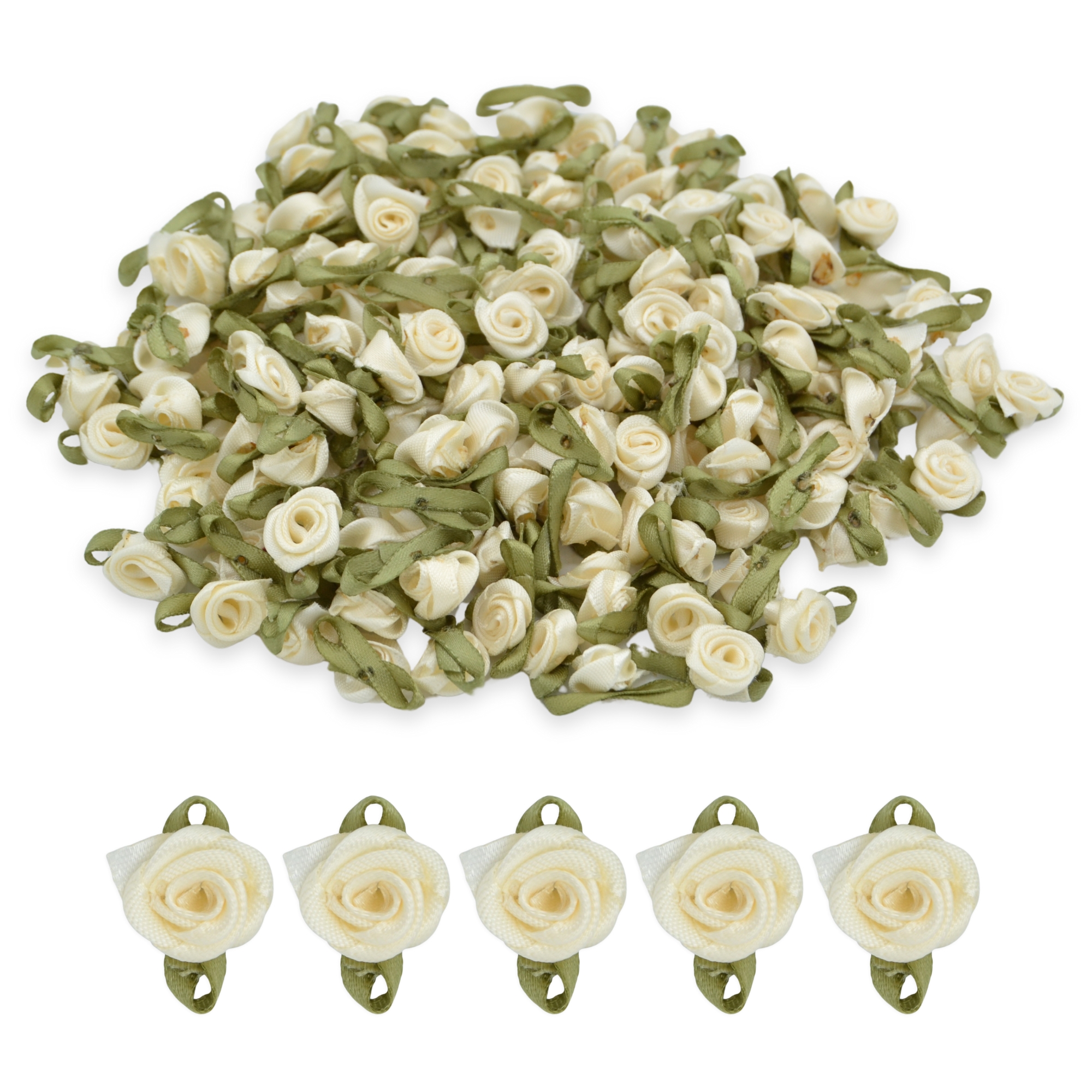 Cream #09 with Green Leaves 15mm Satin Ribbon Roses