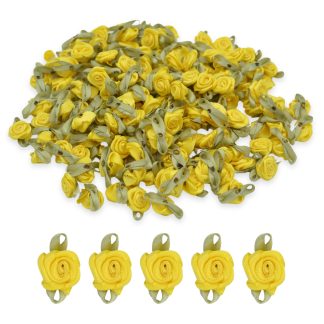 Yellow #10 with Green Leaves 15mm Satin Ribbon Roses