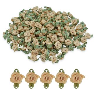 Peach #11 with Green Leaves 15mm Satin Ribbon Roses