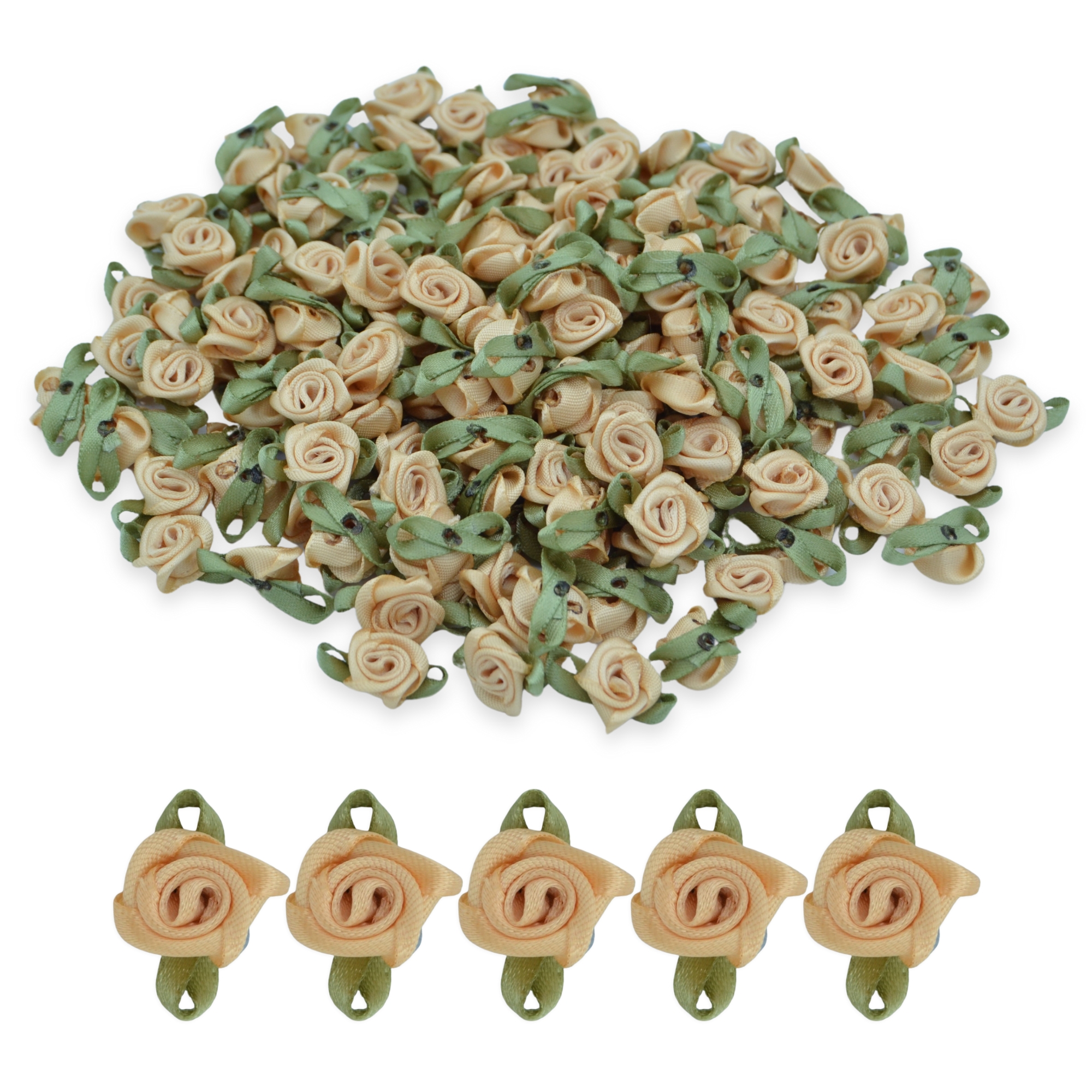 Peach #11 with Green Leaves 15mm Satin Ribbon Roses