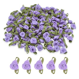 Lilac #13 with Green Leaves 15mm Satin Ribbon Roses