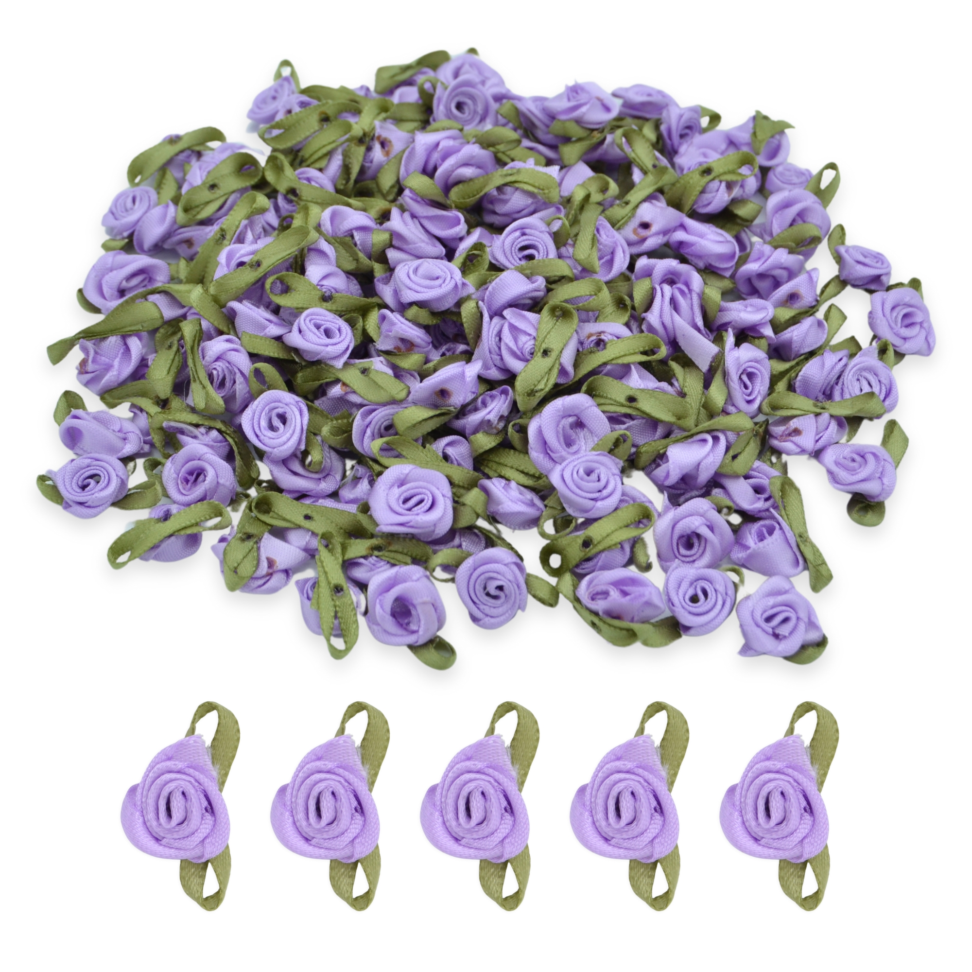 Lilac #13 with Green Leaves 15mm Satin Ribbon Roses