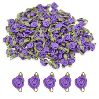 Purple #14 with Green Leaves 15mm Satin Ribbon Roses