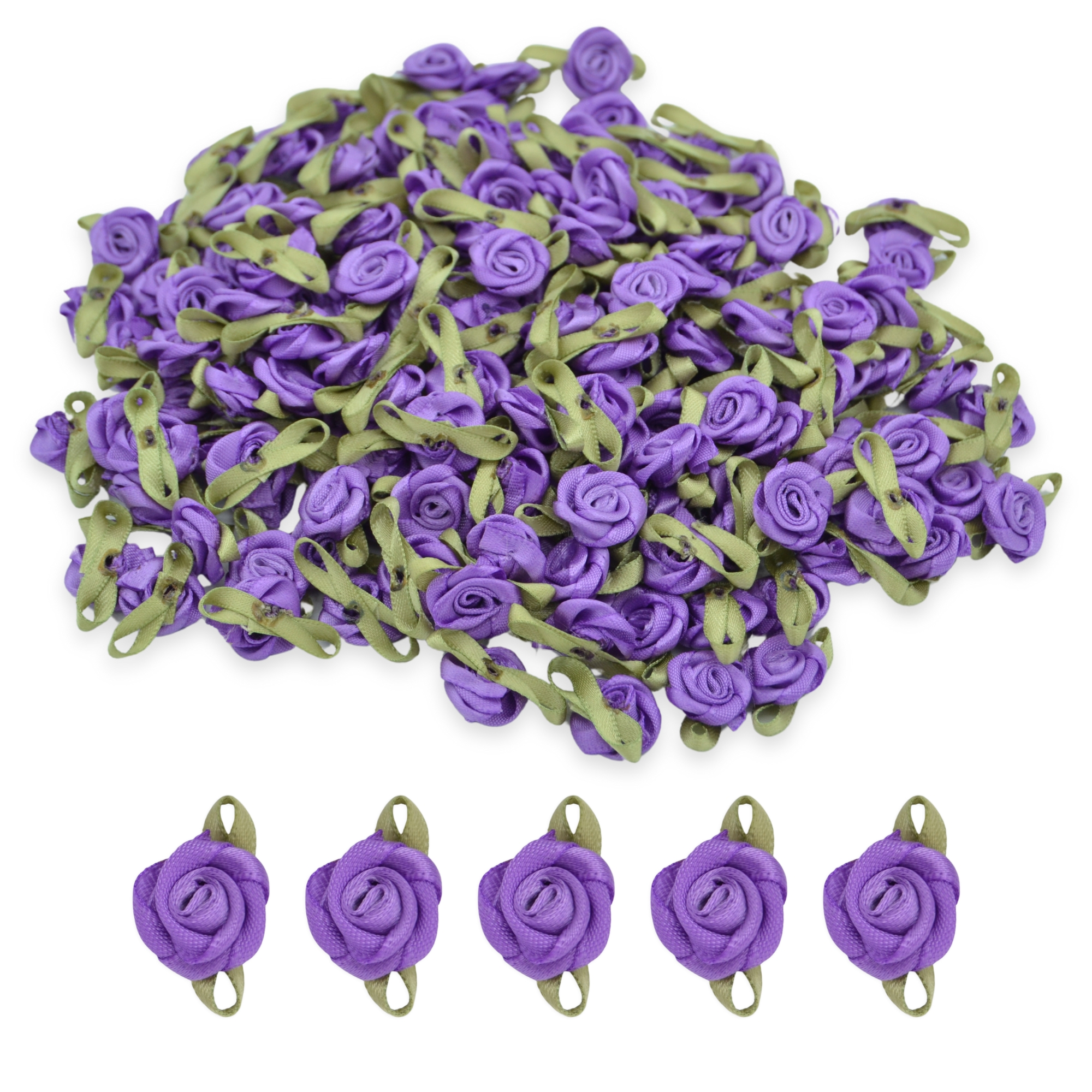 Purple #14 with Green Leaves 15mm Satin Ribbon Roses