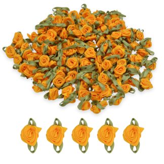 Marigold #15 with Green Leaves 15mm Satin Ribbon Roses