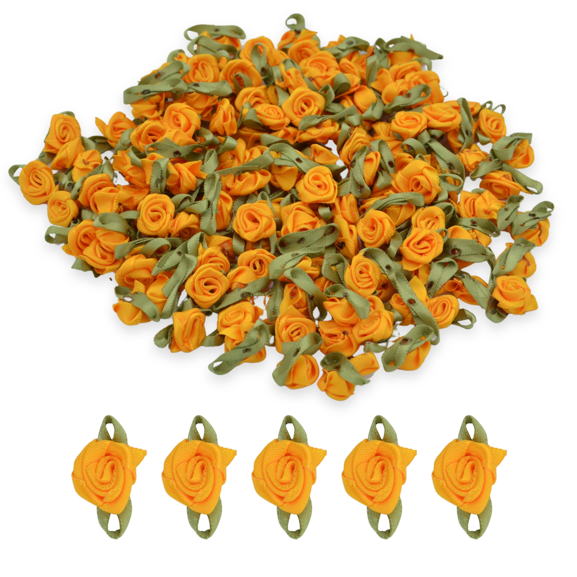 Marigold #15 with Green Leaves 15mm Satin Ribbon Roses