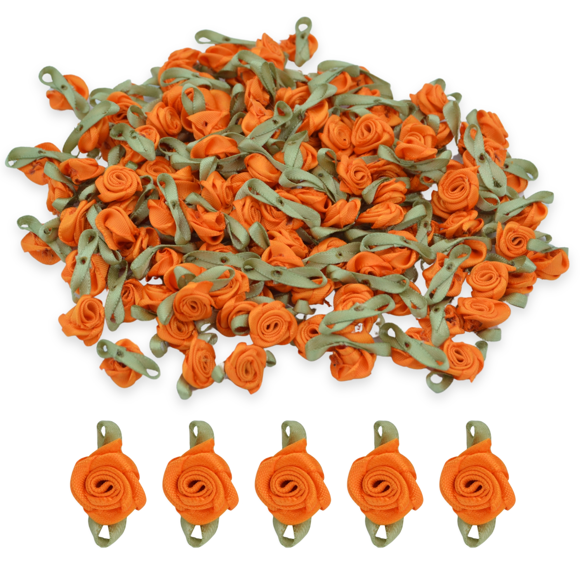 Orange #16 with Green Leaves 15mm Satin Ribbon Roses