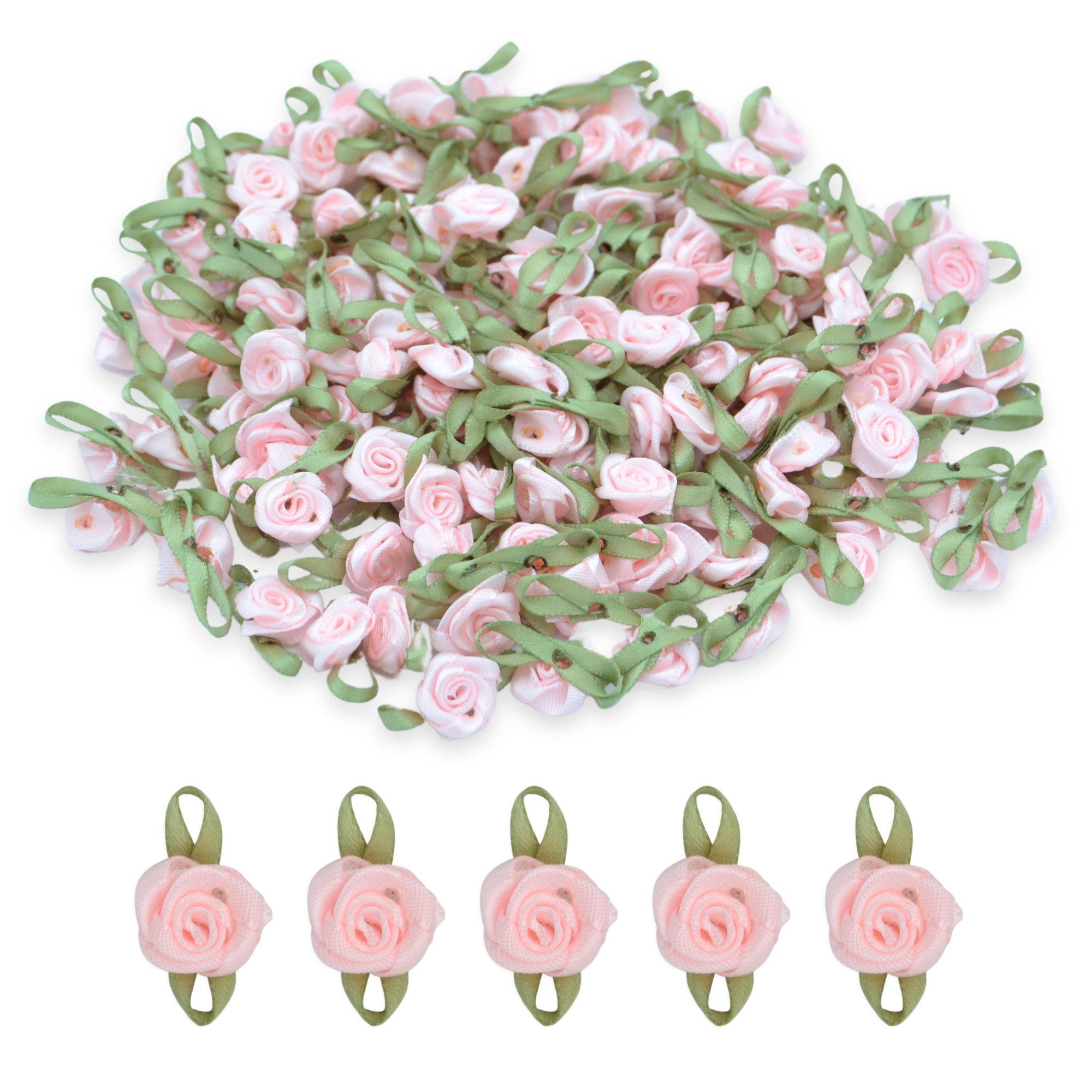 Light Pink #17 with Green Leaves 15mm Satin Ribbon Roses