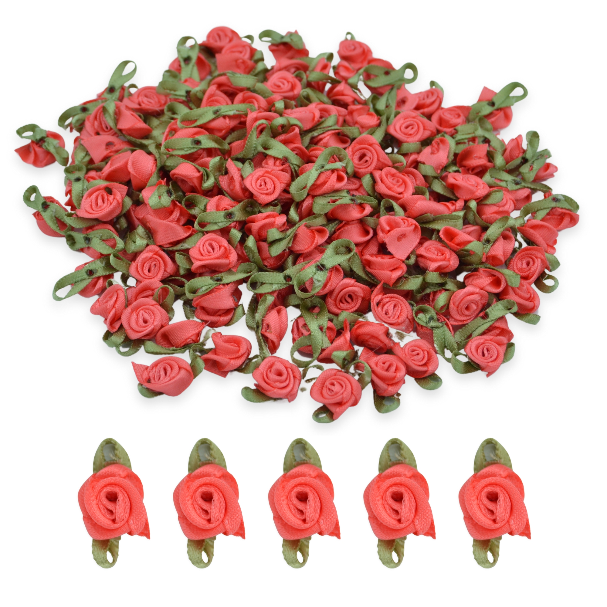 Coral #19 with Green Leaves 15mm Satin Ribbon Roses