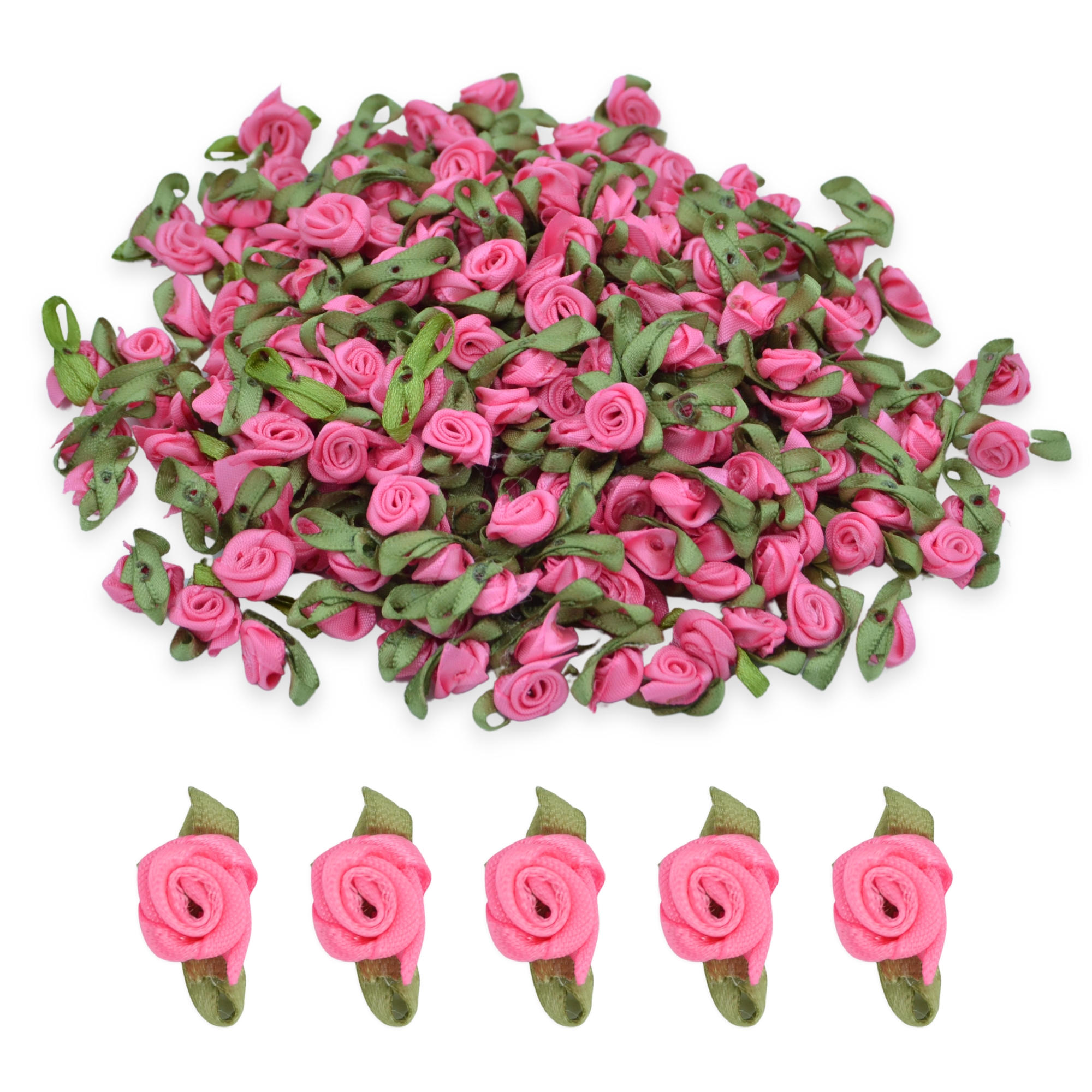 Pink #21 with Green Leaves 15mm Satin Ribbon Roses