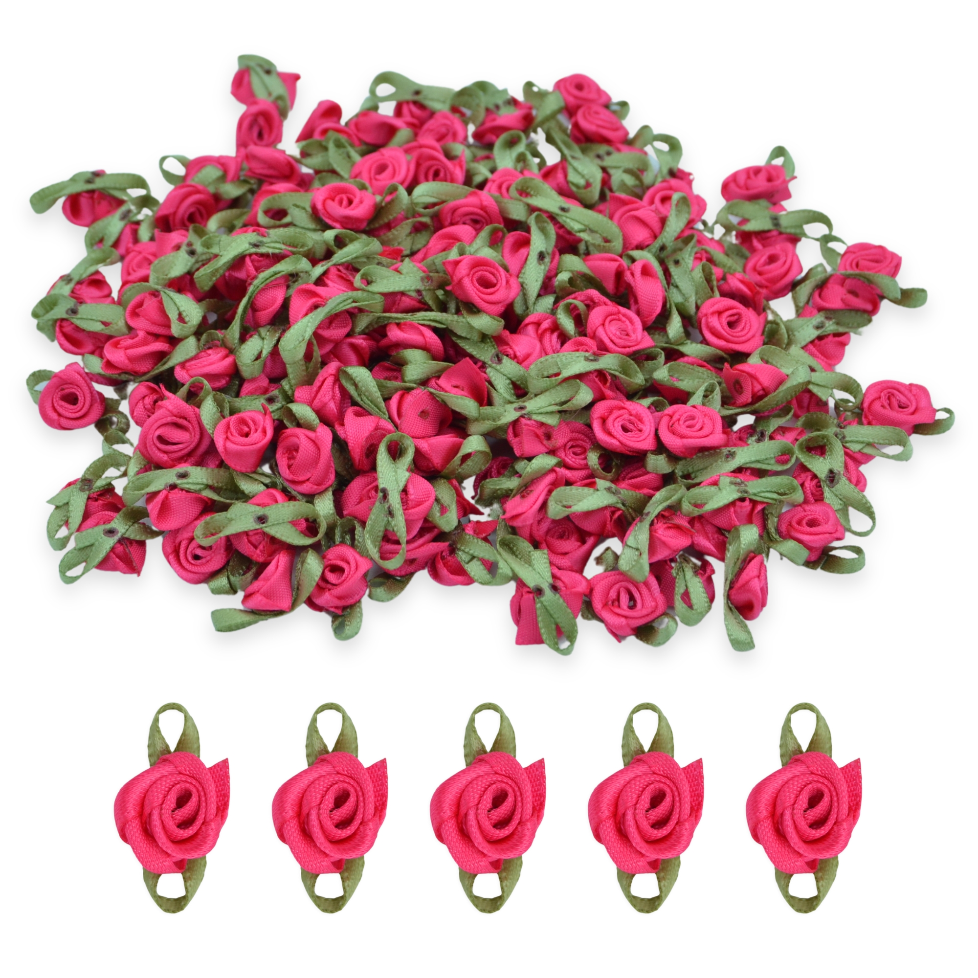 Fuchsia #22 with Green Leaves 15mm Satin Ribbon Roses