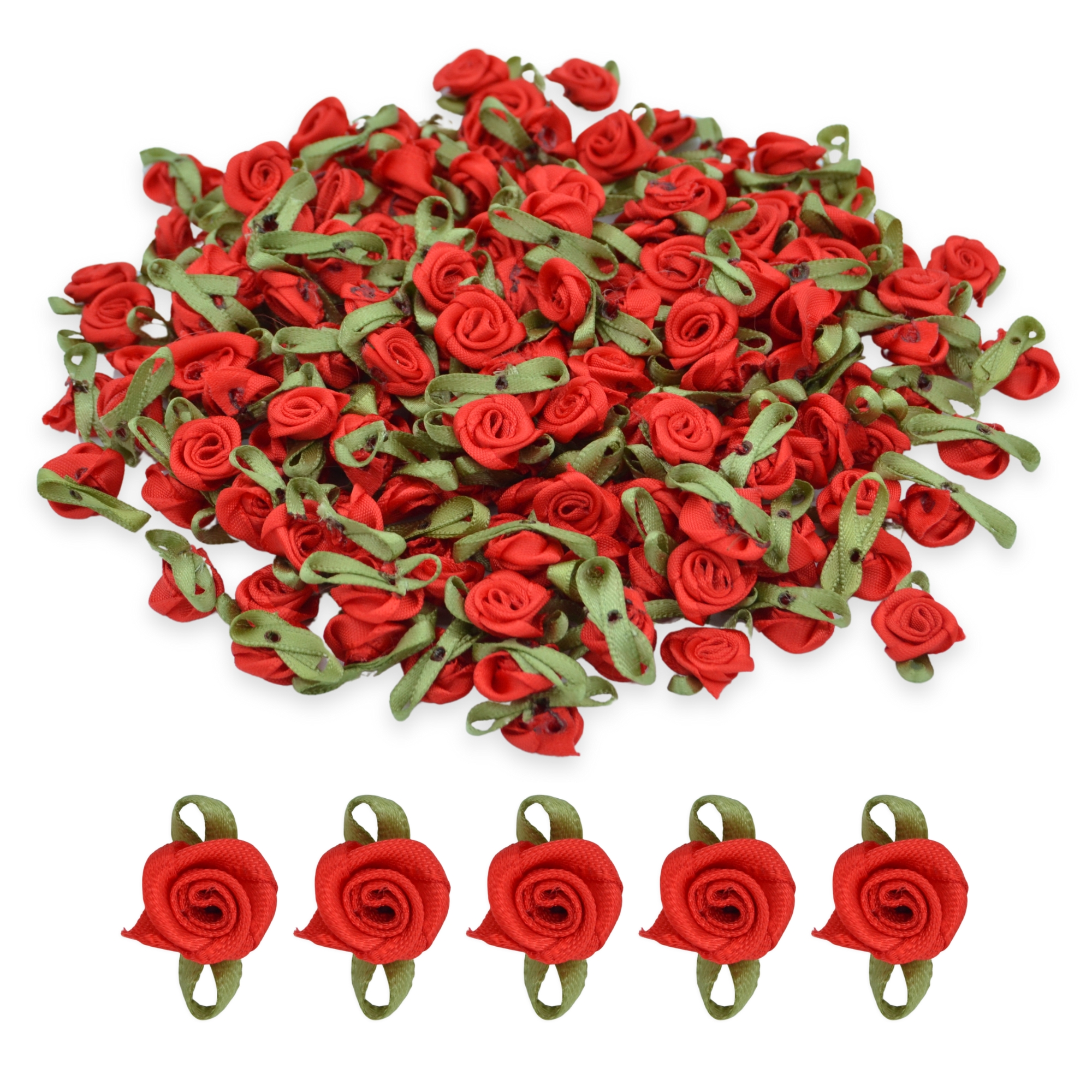 Red #23 with Green Leaves 15mm Satin Ribbon Roses