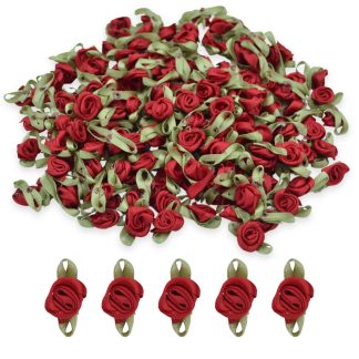 Ruby #24 with Green Leaves 15mm Satin Ribbon Roses