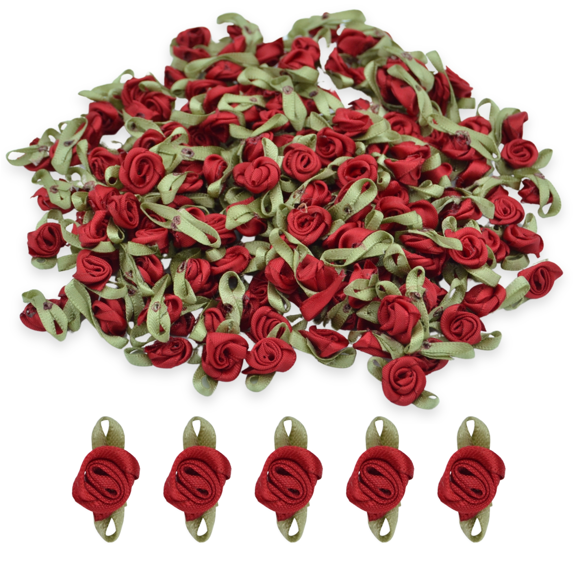Ruby #24 with Green Leaves 15mm Satin Ribbon Roses