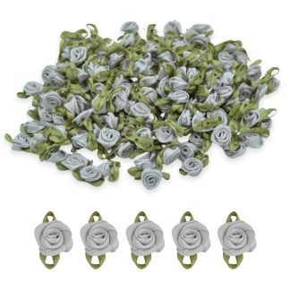 Grey #26 with Green Leaves 15mm Satin Ribbon Roses
