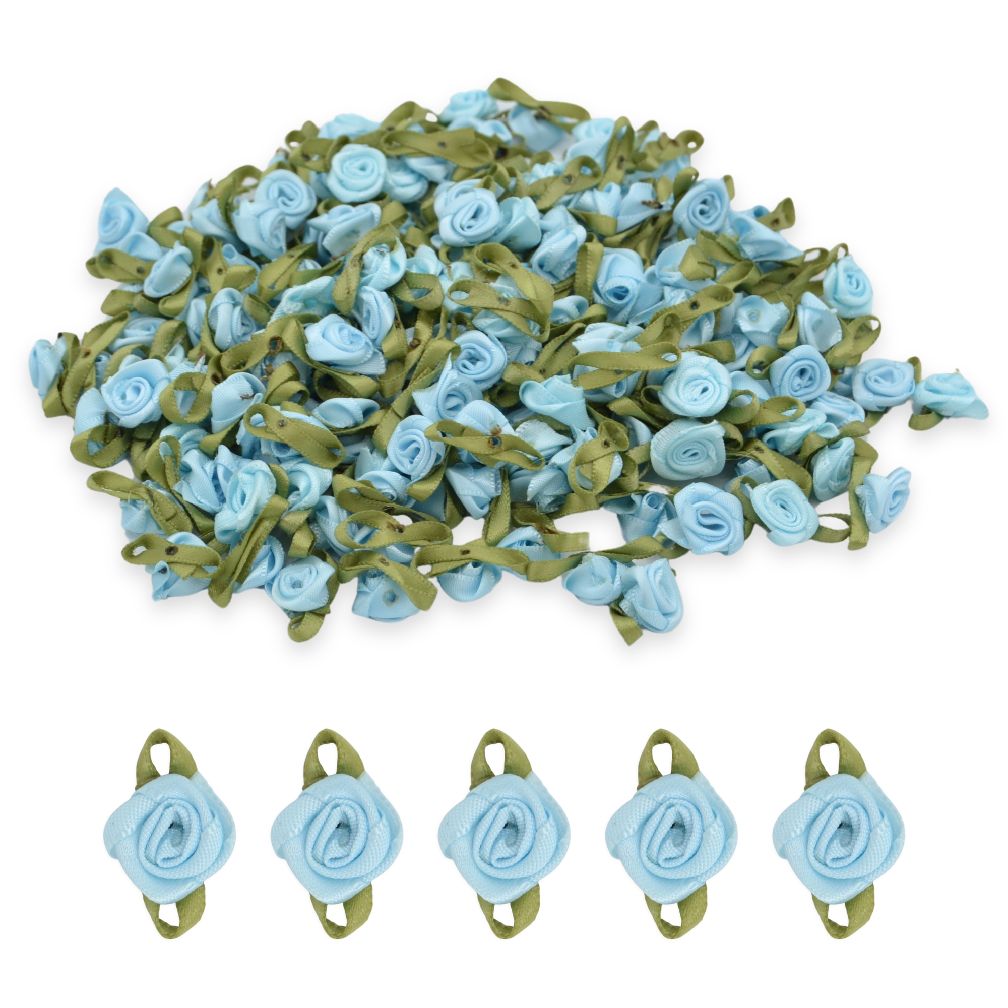 Baby Blue #27 with Green Leaves 15mm Satin Ribbon Roses