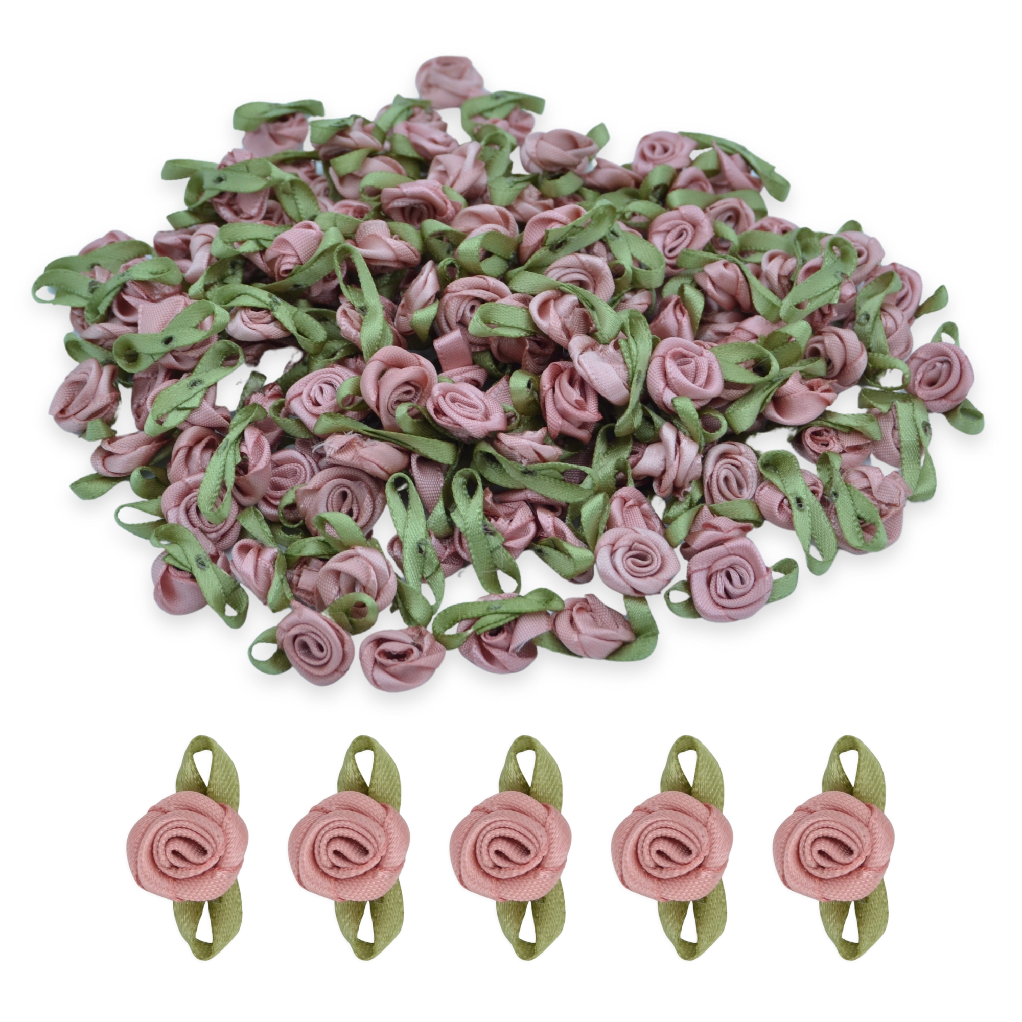 Dusky Pink #28 with Green Leaves 15mm Satin Ribbon Roses