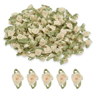 Ivory #29 with Green Leaves 15mm Satin Ribbon Roses