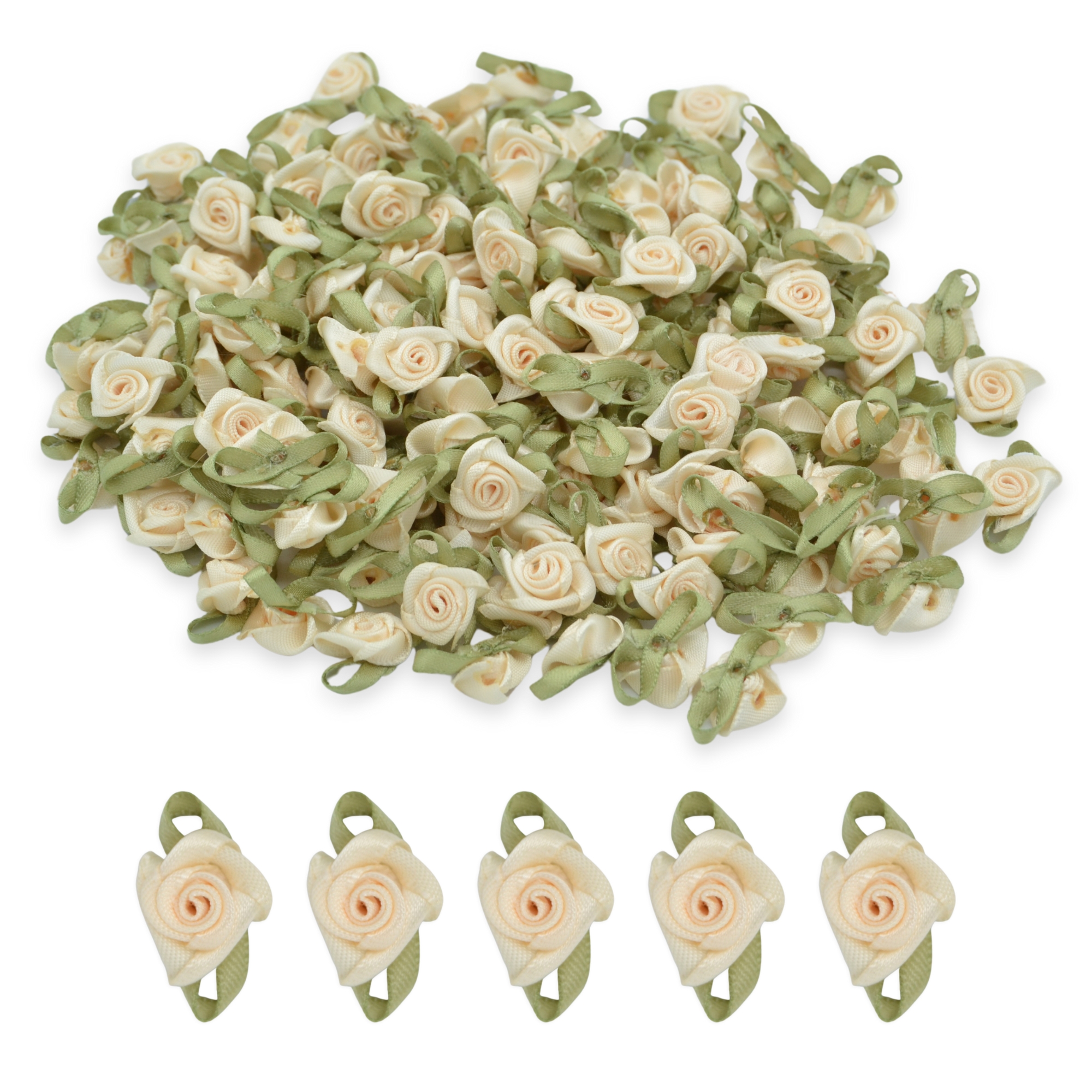 Ivory #29 with Green Leaves 15mm Satin Ribbon Roses