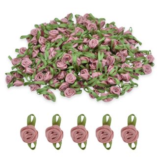 Vintage Pink #30 with Green Leaves 15mm Satin Ribbon Roses