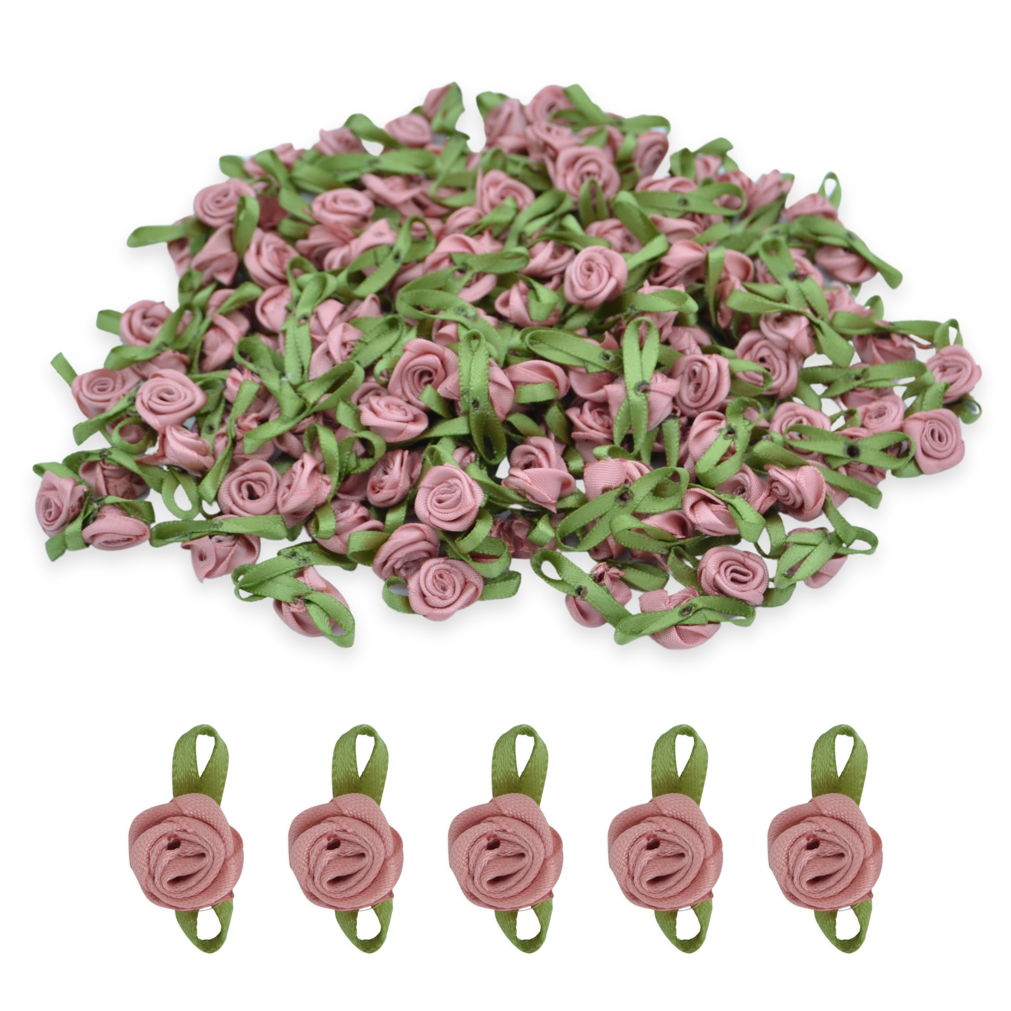 Vintage Pink #30 with Green Leaves 15mm Satin Ribbon Roses