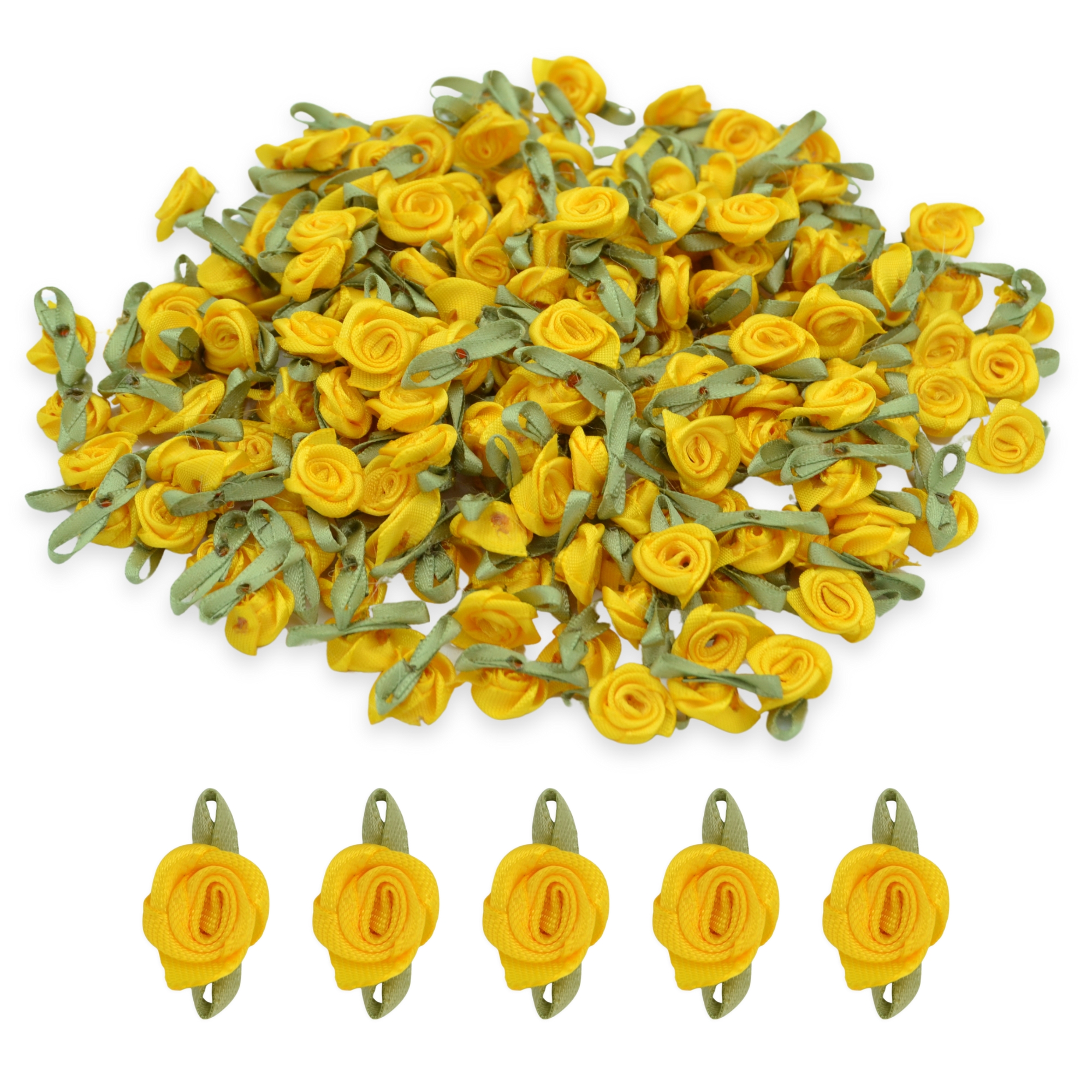 Sunflower #31 with Green Leaves 15mm Satin Ribbon Roses