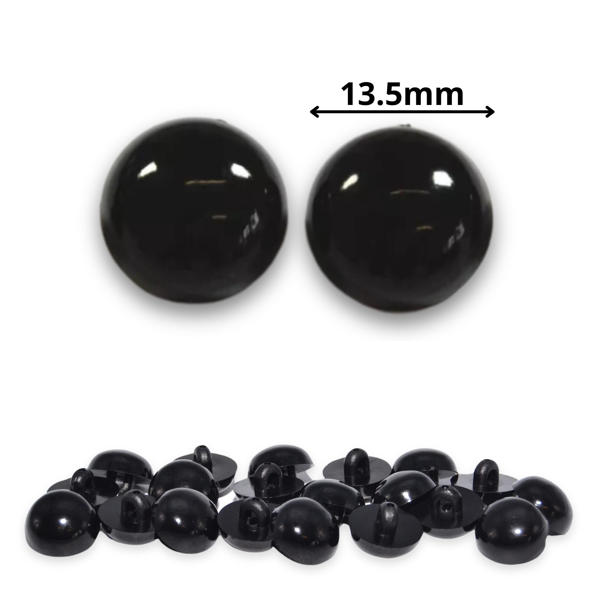 Sew On - 13.5mm Solid Black Half Round Button Eyes for Teddy Bear/Animal Soft Toy Making