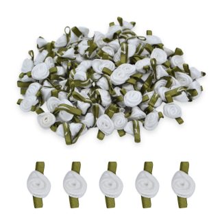 White #029 with Green Leaves 12mm Satin Ribbon Roses