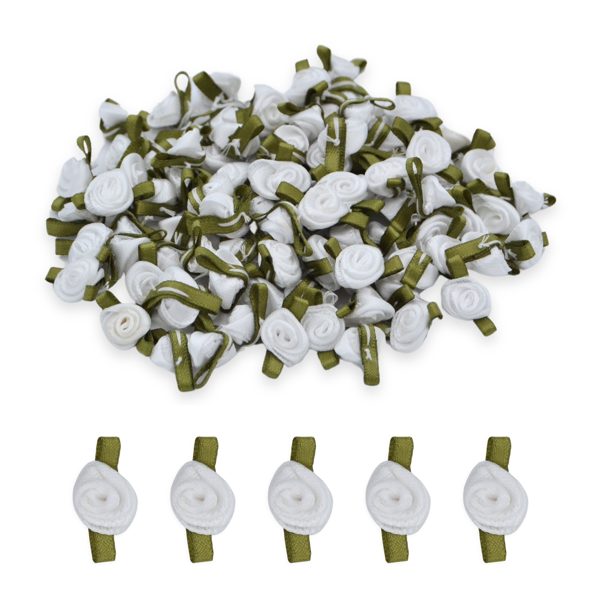 White #029 with Green Leaves 12mm Satin Ribbon Roses