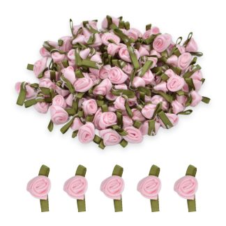 Pale Pink #117 with Green Leaves 12mm Satin Ribbon Roses