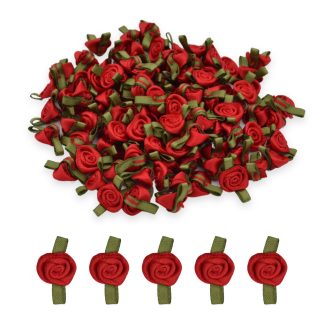 Red #250 with Green Leaves 12mm Satin Ribbon Roses