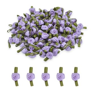 Lilac #430 with Green Leaves 12mm Satin Ribbon Roses