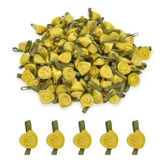 Yellow #640 with Green Leaves 12mm Satin Ribbon Roses