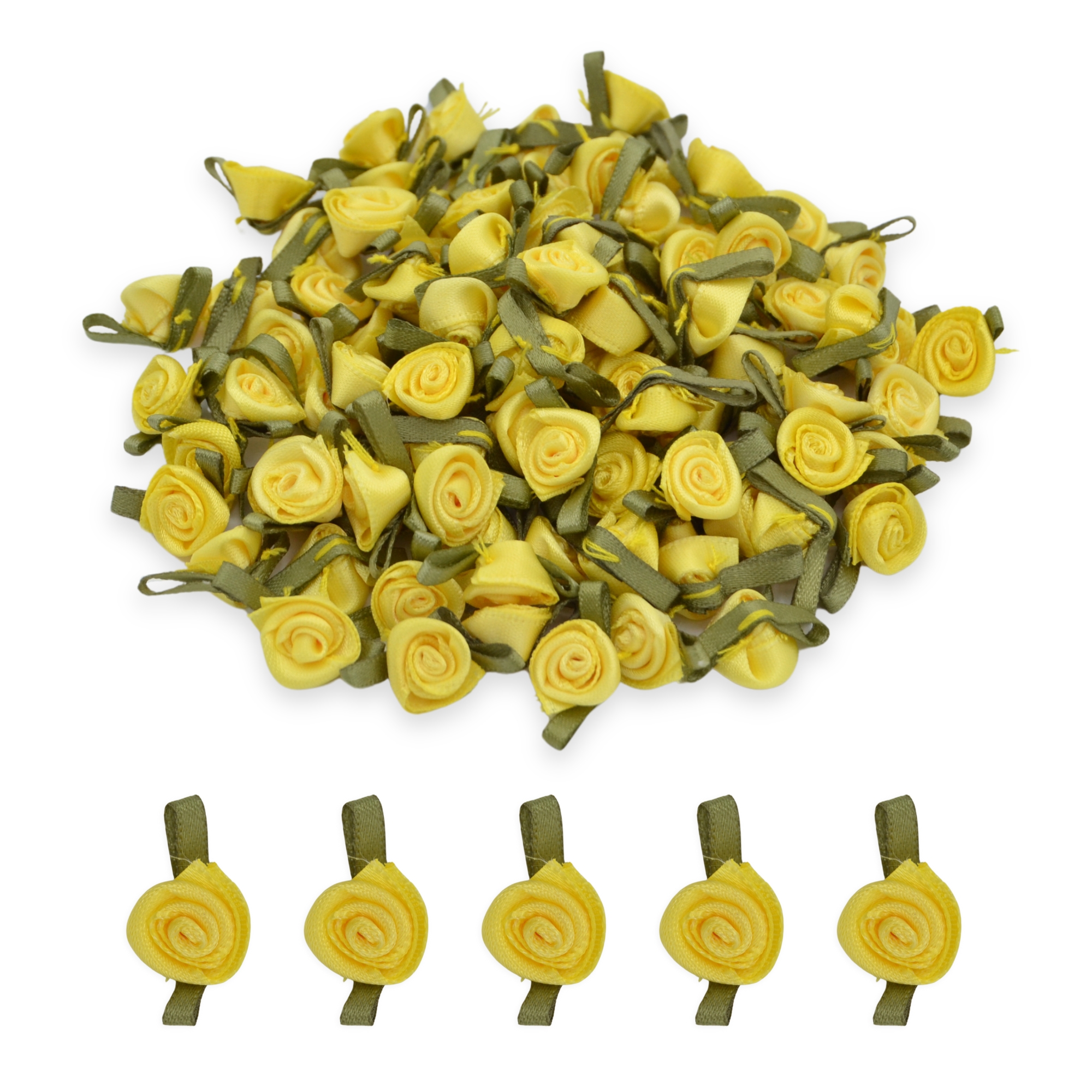 Yellow #640 with Green Leaves 12mm Satin Ribbon Roses