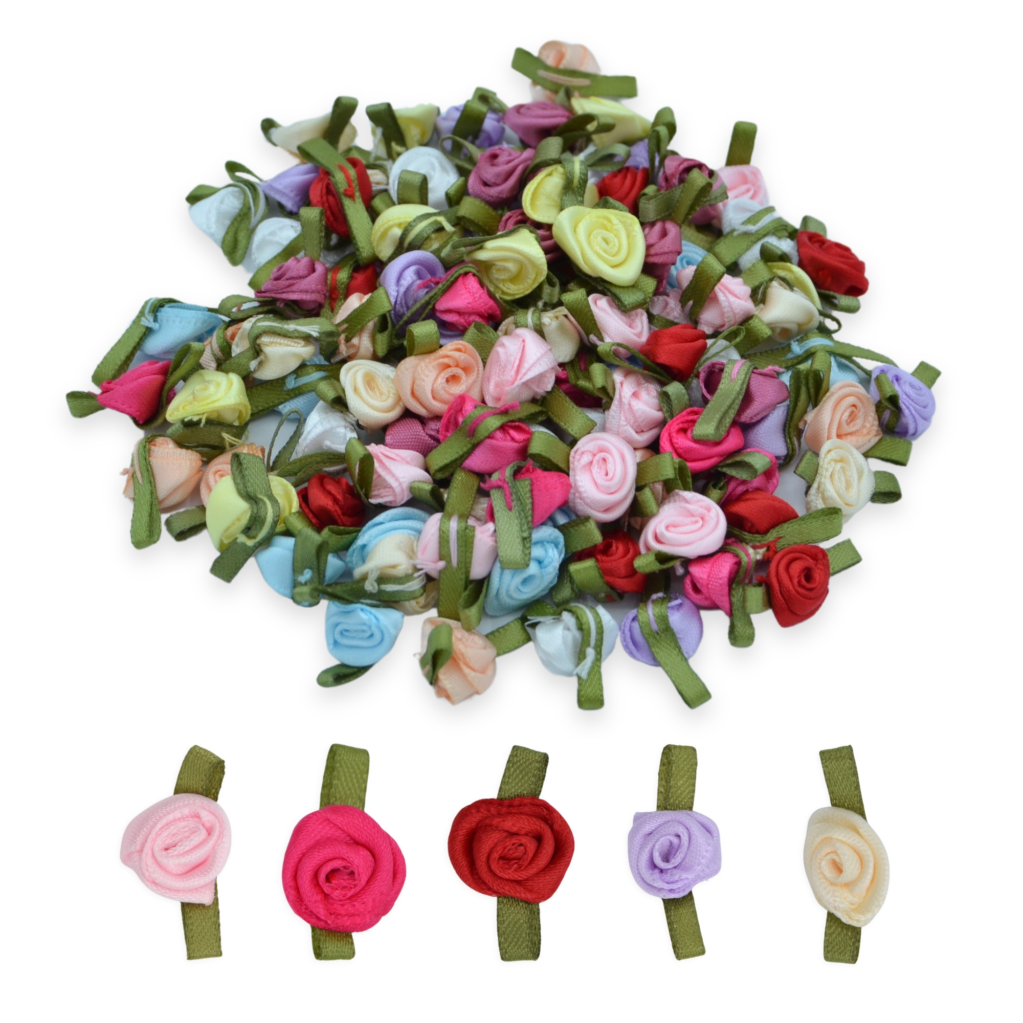 Mixed Colours with Green Leaves 12mm Satin Ribbon Roses