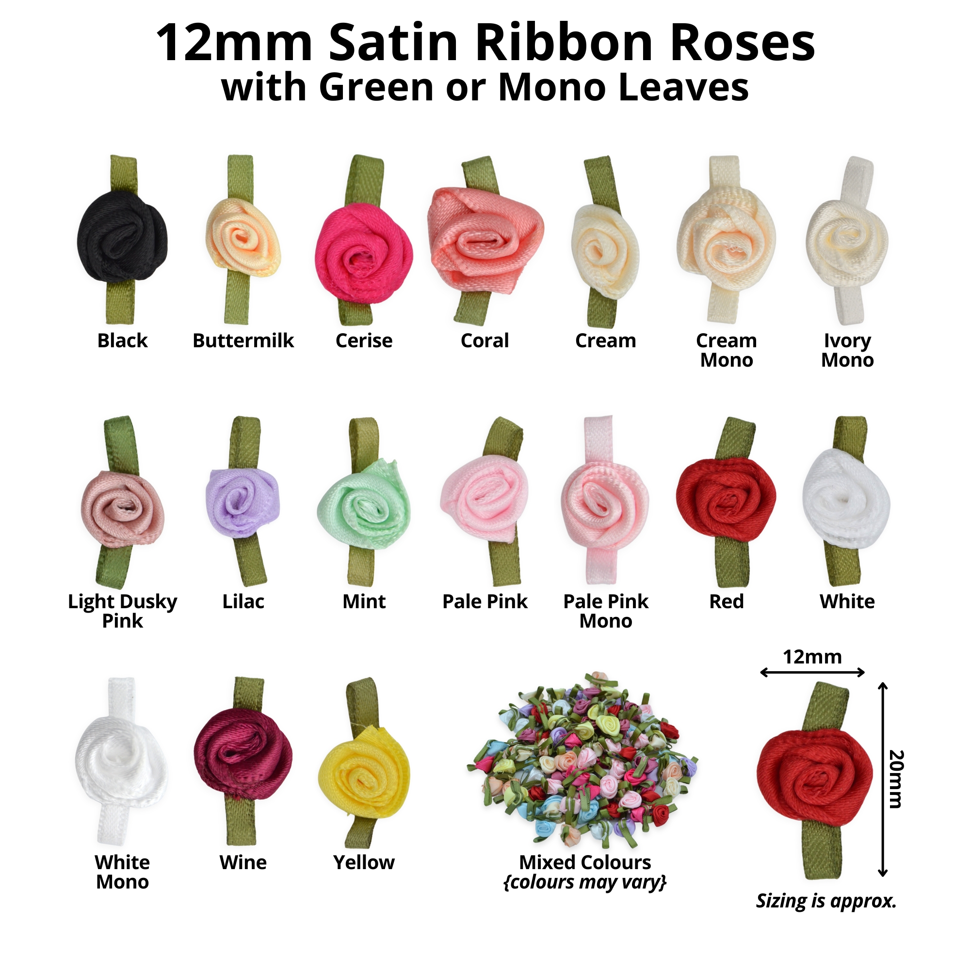 12mm Cream Mono #815 with Cream Leaves Satin Ribbon Roses - Image 2