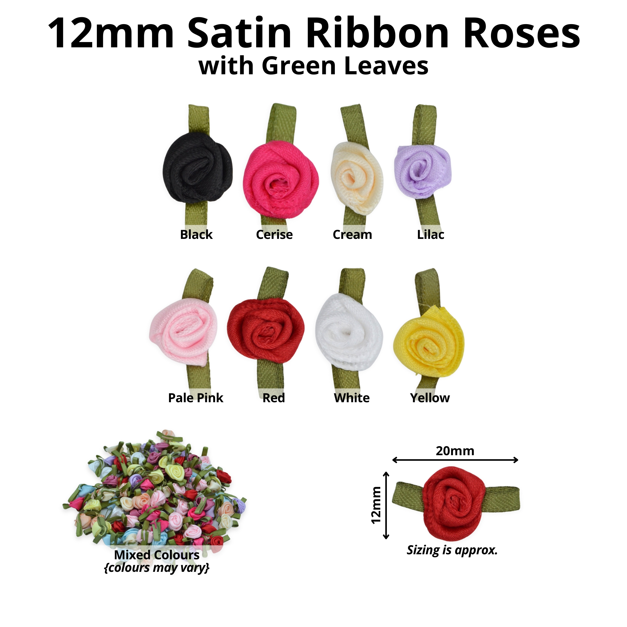 Pale Pink #117 with Green Leaves 12mm Satin Ribbon Roses - Image 2